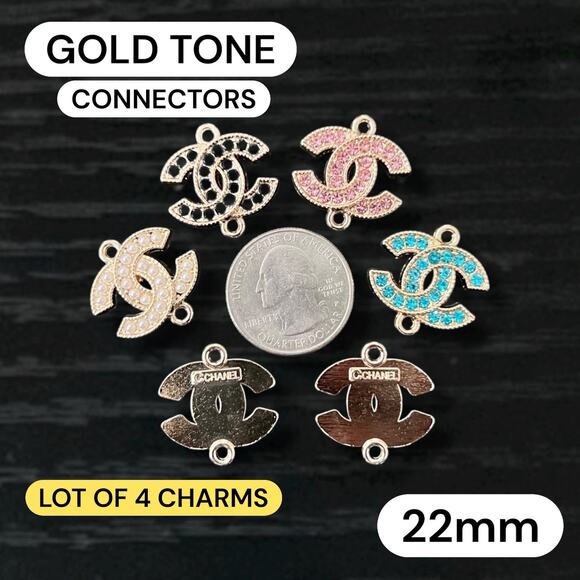Lot of 4 CC Connector Gold Tone Zipper Pull Button Charms 22mm - Picture 1 of 1